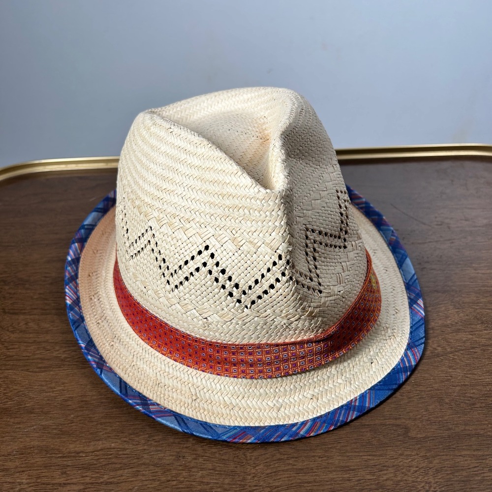 Robert Graham Fedora‎ Mens Large Beige Straw Plaid Trim Summer Beach Sun Hat